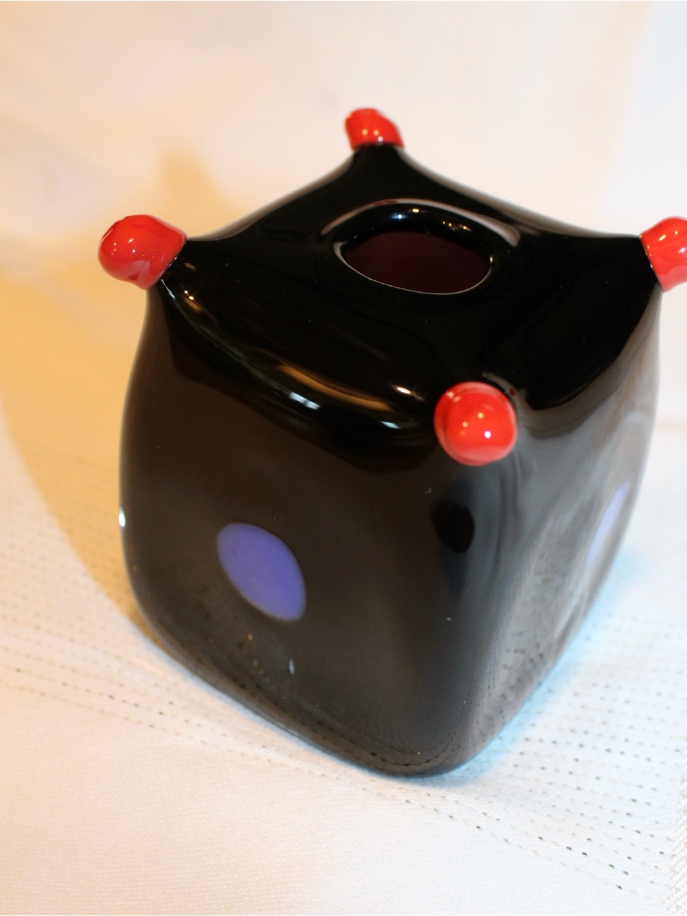 Handmade Black Glass Art Sculpture with Blue Accent and Red Knobs